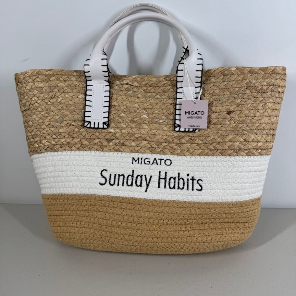Raffia Tote Bag Natural Woven Beach Shopper Large Vacation Summer Chic Resort - Picture 2 of 15